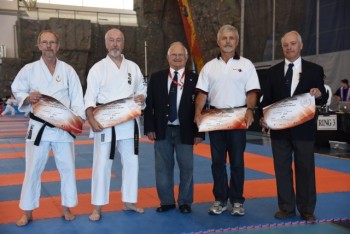 Karate BC members Paul Sexton, Mike Scales, Dan Wallis, and Ken Corrigan received their Karate Canada Dan Certificates from President Charles La Vertu.